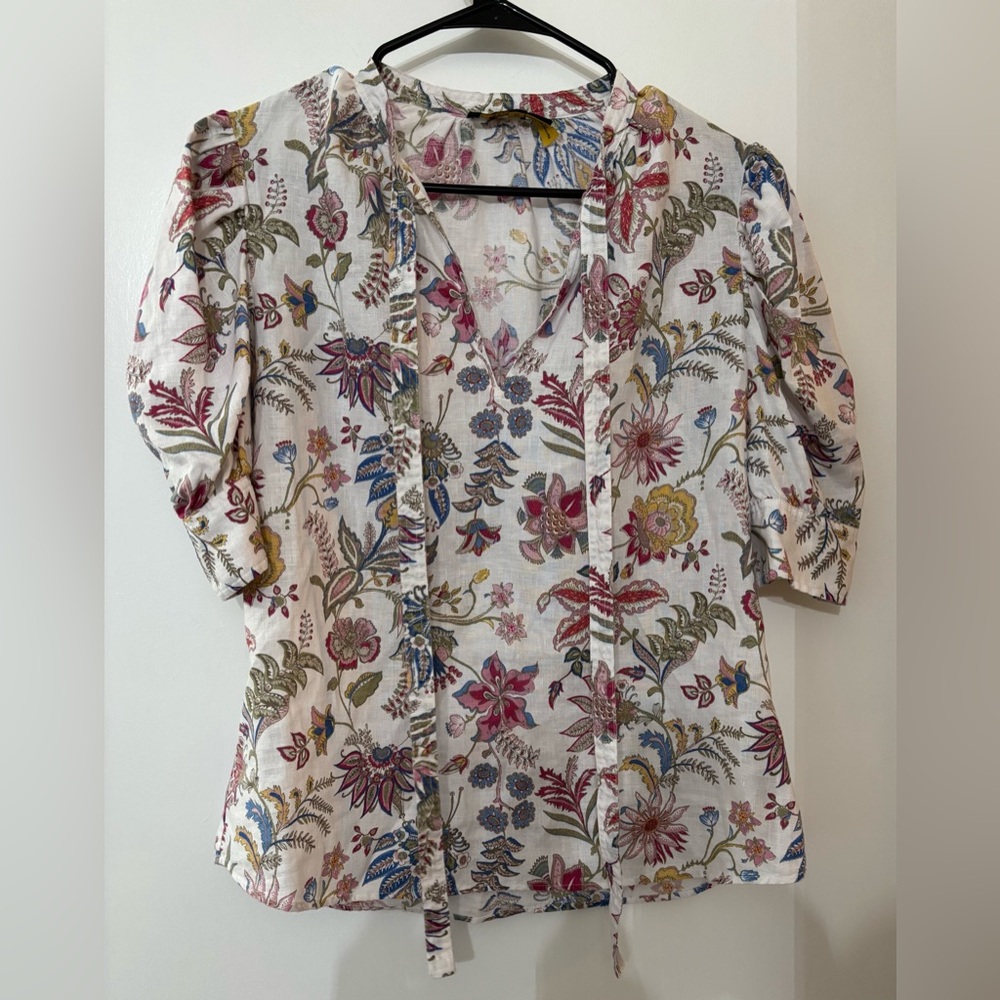 Polo by Ralph Lauren White Floral Tie-Neck Blouse